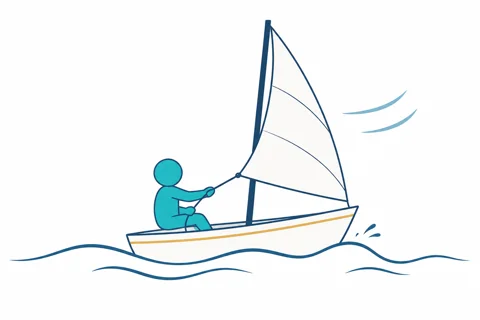 Un personnage turquoise adapte sa voile au vent
